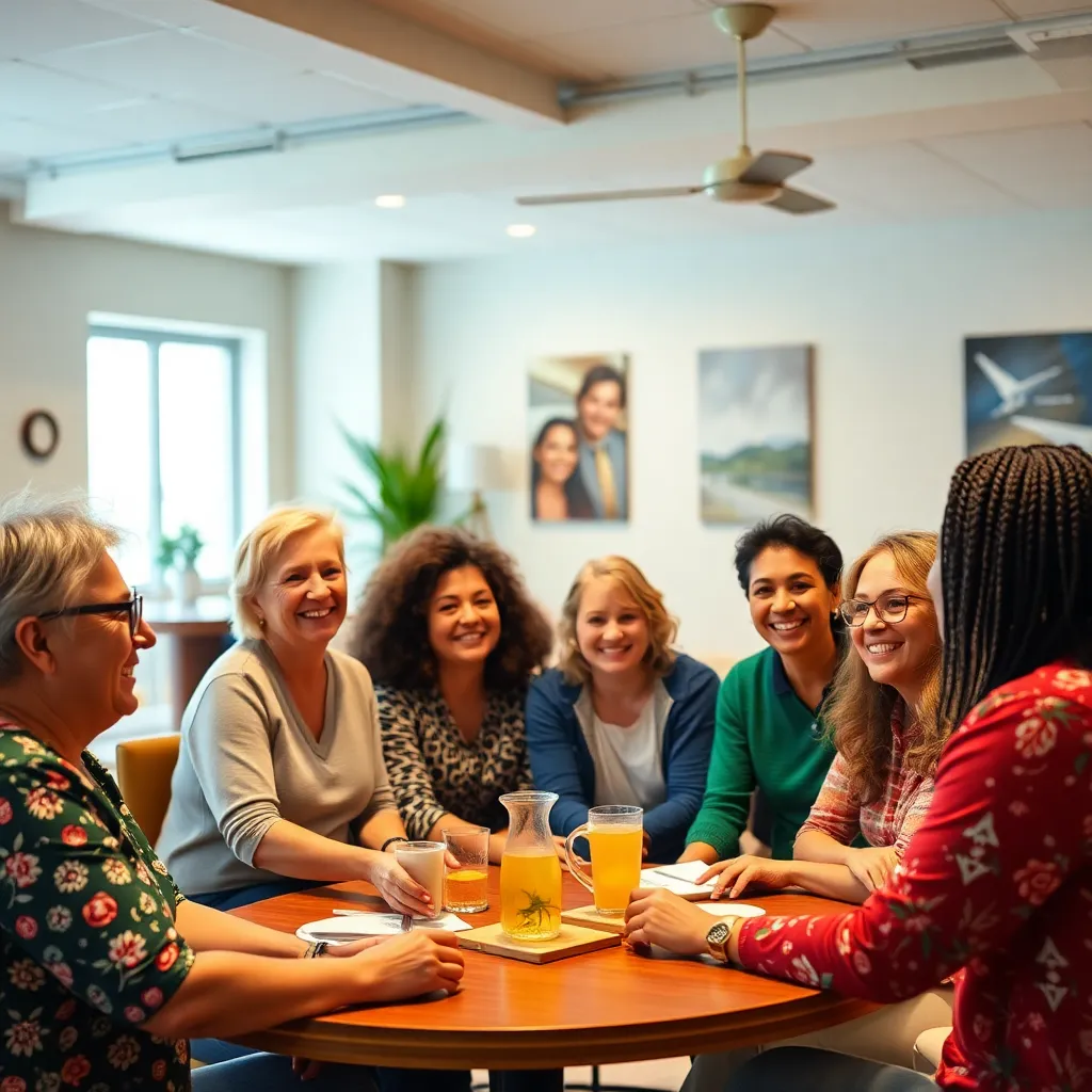 A group of people in a recovery support meeting in Florida, smiling and connecting