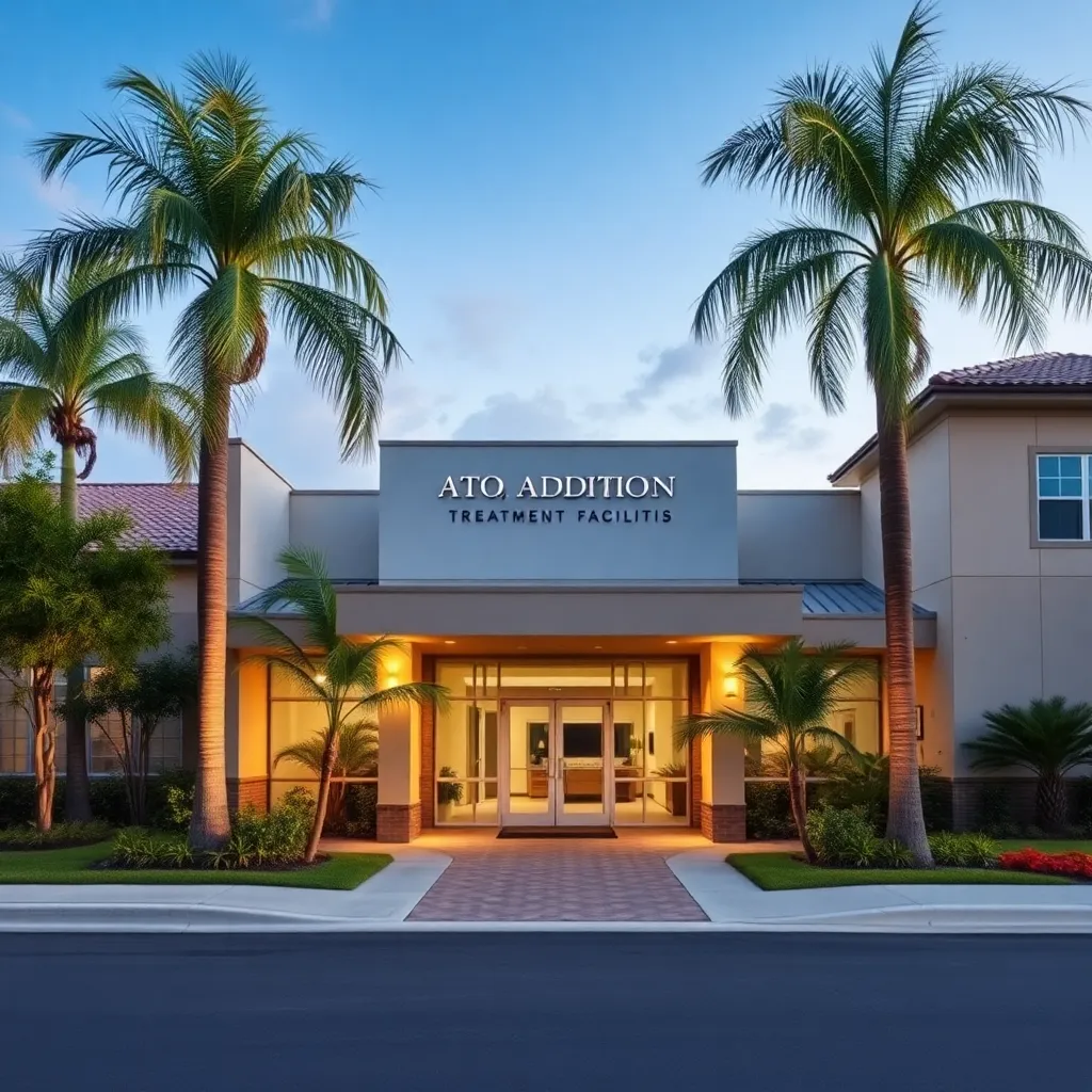 A welcoming treatment center building in Florida surrounded by palm trees